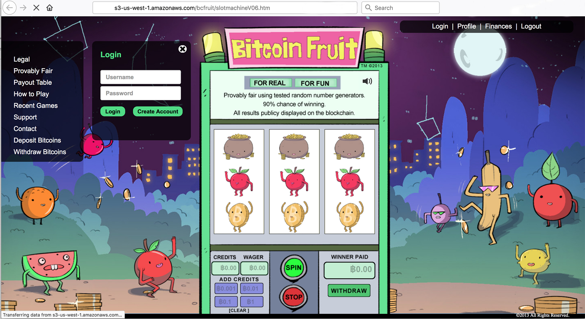 Bitcoin Fruit slot machine prototype artwork and interface